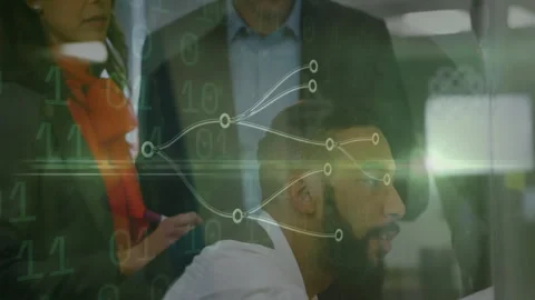 Team assembling around clear wall for data science planning, binary overlay 库存影片 312229458