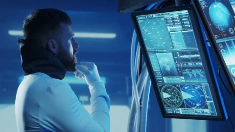 Team of astronauts in a space suits aboard the orbital station. A crew of Stock Footage 230458721