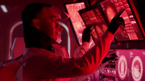 Team of astronauts in a space suits aboard the Mars station. A crew of Stock Footage 237107670