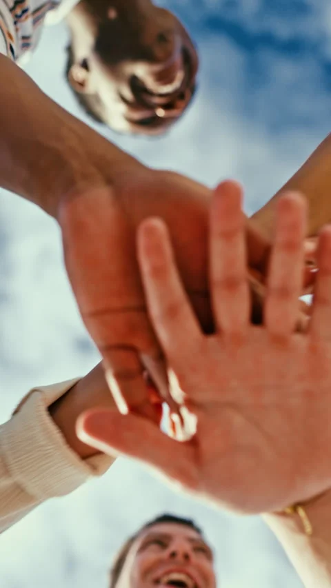 Team, below and hands together with cloudy sky for unity, trust or outdoor Stock Footage 340397723