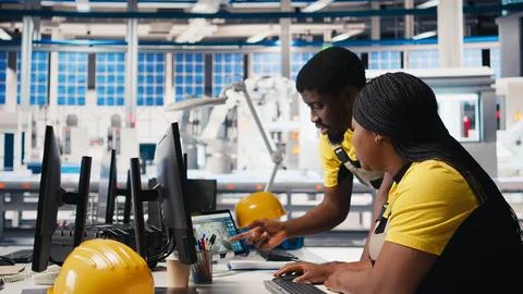 Team of black technicians finetuning the solar panels manufacturing at the plant Stock Photos