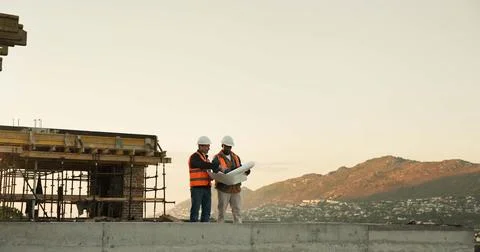 Team, blueprint and engineer at construction site for planning, development Stock Photos