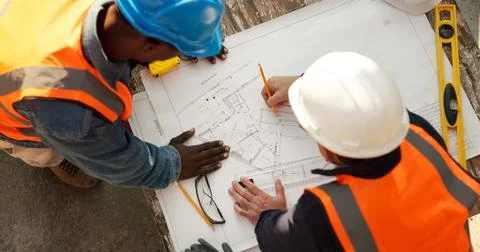 Team, blueprint and engineer at construction site for planning, development Stock Photos