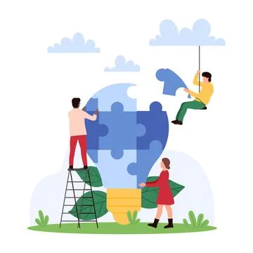 Team brainstorm on smart solution to problem, tiny people connect puzzle pieces Stock Illustration