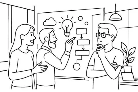 Team brainstorming and planning new ideas on a whiteboard Stock Illustration