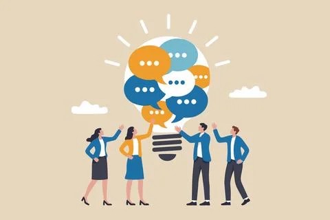 Team Brainstorming Ideas with Light Bulb Conversation Concept Illustration. Stock Illustration