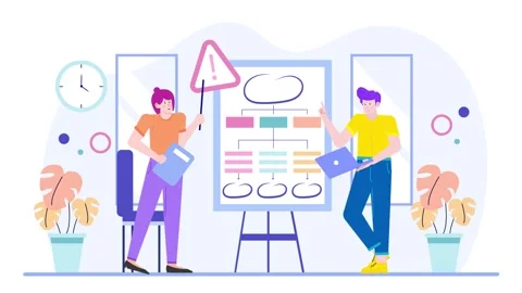 Team brainstorming session with flowchart presentation and laptop discussion in Stock Footage 283717396