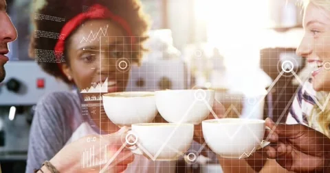 Team bringing cups together at cafe, forming stack while HUD charts flowing over Stock Footage 331593361