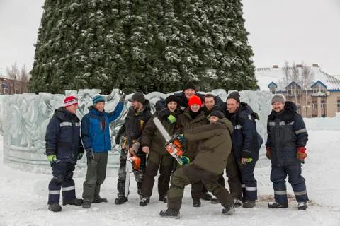 Team of builders of assemblers of the ice town 写真素材