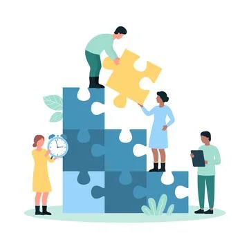 Team building for business growth, tiny people holding puzzle pieces to build Illustration