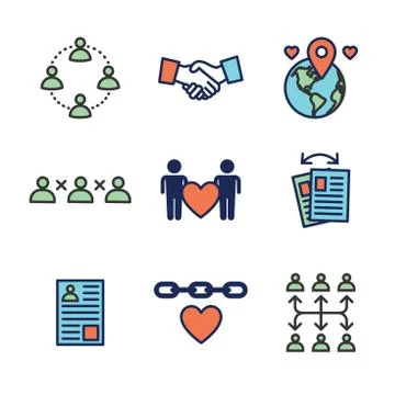 Team Building, Teamwork, and Connectivity Icon Set with Stick Figures and Int Stock Illustration