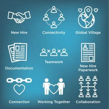 Team Building, Teamwork, and Connectivity Icon Set with Stick Figures and Int Stock Illustration