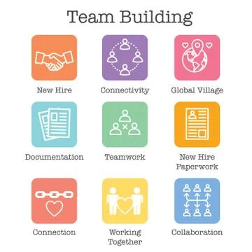 Team Building, Teamwork, and Connectivity Icon Set with Stick Figures and Int Stock Illustration