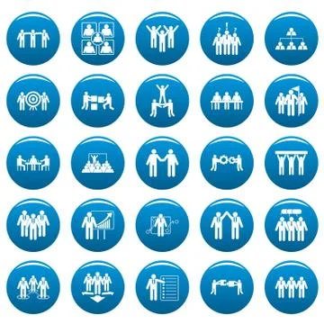 Team building training icons set vetor blue Stock Illustration
