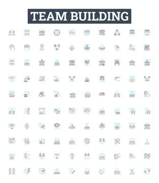 Team building vector line icons set. Collaborate, Networking, Engage, Unify Stock Illustration