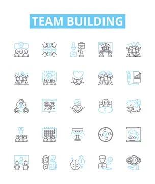 Team building vector line icons set. Collaborate, Networking, Engage, Unify Stock Illustration