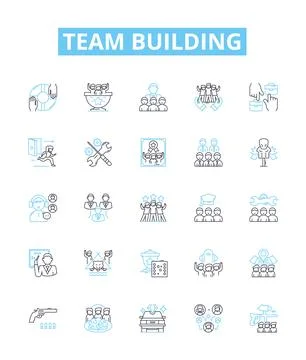 Team building vector line icons set. Collaborate, Networking, Engage, Unify Stock Illustration