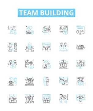 Team building vector line icons set. Collaborate, Networking, Engage, Unify Stock Illustration