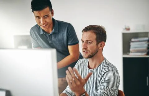 Team, business men or solution on computer for brainstorming, creative design or 스톡 사진