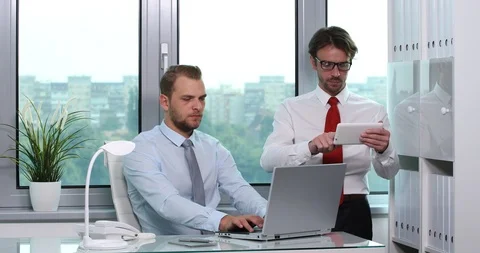 Team of Business Men Working in Office Room Hand Gestures Saluting Look Camera Stock Footage 87945877