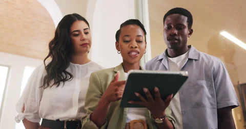 Team, business people and problem solving with tablet in office for vendor Stock Footage 329609784