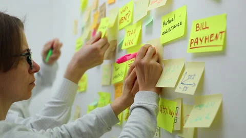 A team of business people write down ideas and development on stickers Stock Footage 131092025