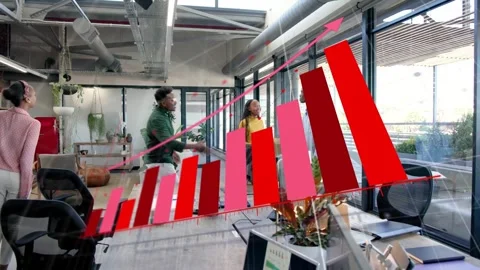 Team in business receiving box, joining hands celebrating with red-pink chart Stock Footage 333594657