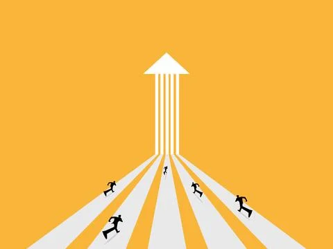 Team of businessmen run on multi directional arrow pointing to a single goal Stock Illustration