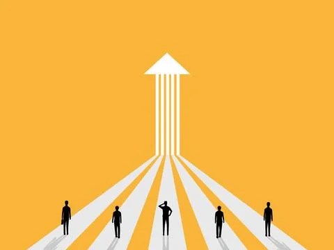 Team of businessmen stand on a multi-directional arrow pointing to a single.. Stock Illustration