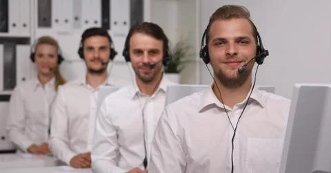 Team of Call Center Agents Looking Camera Group of Corporate People Busy Office Stock Photos