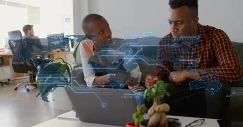 Team on call gesturing, starting AR HUD across laptop and torsos, leaning and Stock Photos