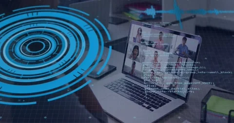 Team on call viewing laptop grid while HUD pulsing, causing code overlay Stock Footage 328469575