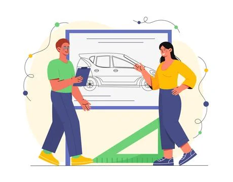 Team of car engineers with blueprint vector 스톡 일러스트