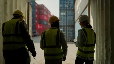 Team cargo workers opening cargo container checking goods shipping in logistics. 스톡 동영상 264759749