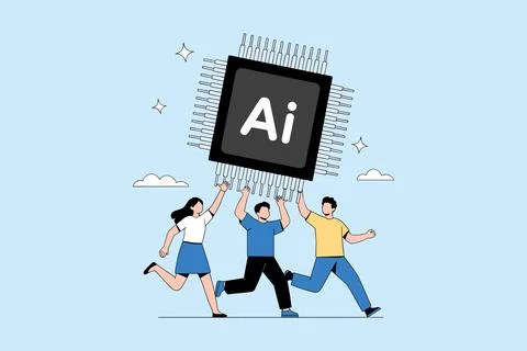 Team Carrying AI Microchip Symbolizing Technology Advancement. Stock Illustration