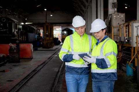 Team caucasian engineer checking train looking tablet in station, team engi.. Foto stock