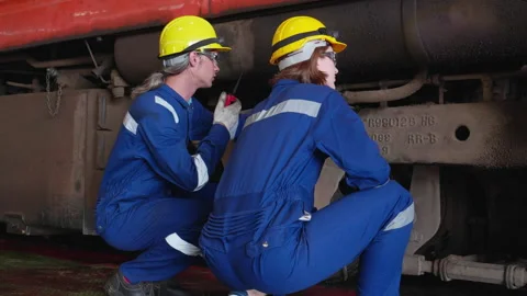 Team caucasian engineer maintenance train while speaking with talkie for co.. Stock Footage 253277889