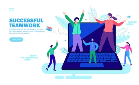 Team celebrating success with computer concept Stock Illustration