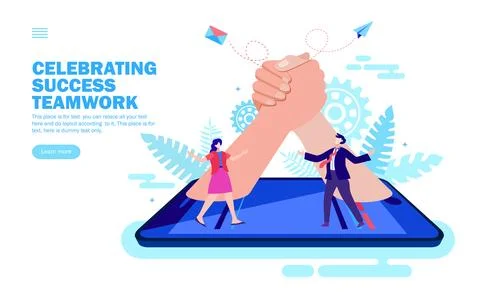 Team celebrating teamwork with hands together coming out from mobile, team work, Illustrazione stock