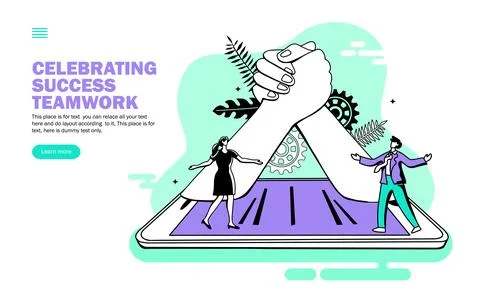 Team celebrating teamwork with hands together coming out from mobile, team work, Illustrazione stock