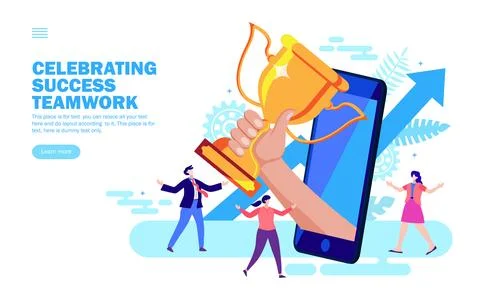 Team celebrating teamwork with trophy in hand coming out from mobile, team work, Illustrazione stock