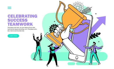Team celebrating teamwork with trophy in hand coming out from mobile, team work, Stock-Illustration