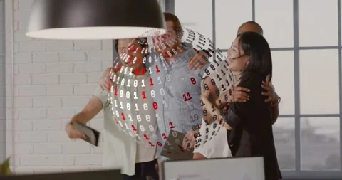 Team celebrating in tech office, high-fiving above hologram reviewing tablet Stock Footage 318142437