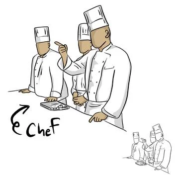 Team of chef people in a kitchen vector illustration sketch doodle hand drawn Stockillustratie
