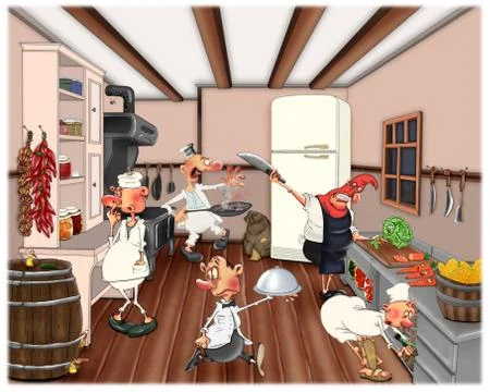 A team of chefs work in the kitchen. Fun illustration for a children's book. Stock Illustration