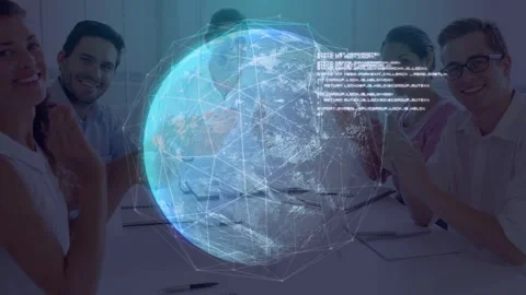 Team clapping as holo globe appearing over table spinning network lines, merging Stock Footage 332901822