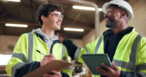 Team, clipboard and tablet in workshop with woodwork project, mentorship and Stock Footage 337987808