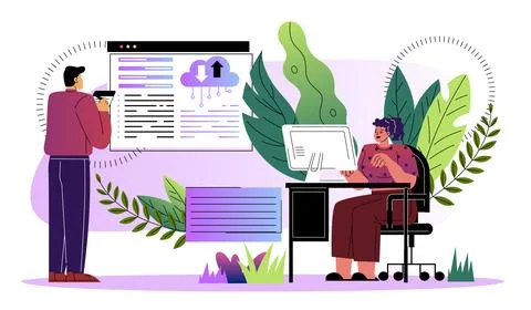 Team with cloud storage. Man and woman with laptop exchange files on Internet Stockillustratie