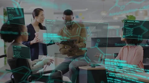 Team clustering around tablet in open office tapping tablet revealing teal code Stock Footage 333368706