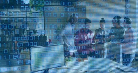 Team clustering, holder turning tablet, doing tech review while binary overlay Stock Footage 330959621